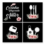 Kit 4 Quadros Decorativos 35x35 Cozinha Temperada C/ Amor