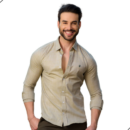 Camisa Social Manga Longa Linho Masculina Slim Ano Novo