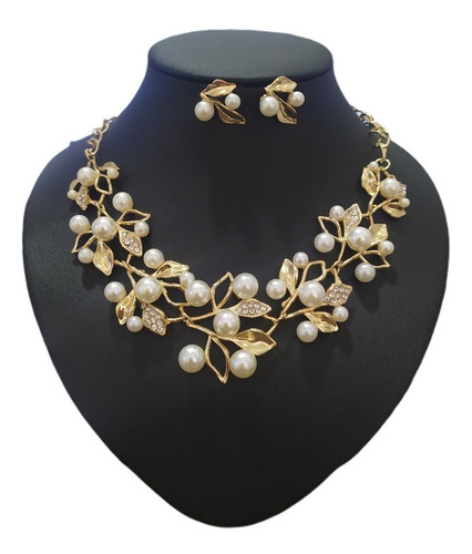 Conjunto Colar Brinco Dourado Ouro Strass Pérola Noiva Festa