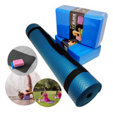 Kit Yoga Pilates, Tapete Esteira Colchonete + 2 Blocos Yoga Cor Azul Petróleo/azul