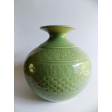 Antigo Bojudo Vaso Celadon Verde Belos Relevos China 24,5 Cm