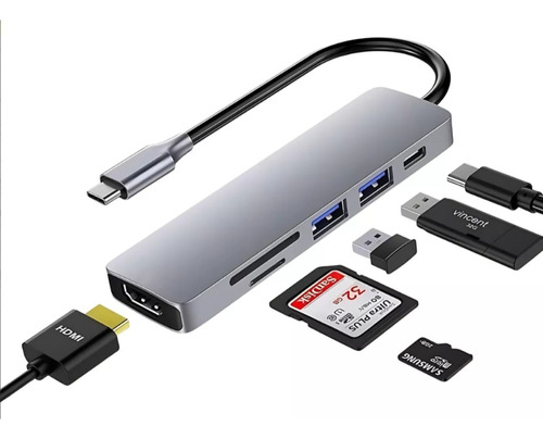 6 En 1 Usb Hub Adaptador Sd Pd Tipo C Hdmi 4k Para Mac iPad