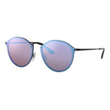 Anteojos De Sol Ray-ban Round Blaze Standard Con Marco De Metal Color Polished Black, Lente Violet/blue De Plástico Espejada, Varilla Polished Black De Metal - Rb3574n