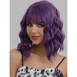 Peluca Morado Para Mujer Bob Ondulada Flequillos Naturales