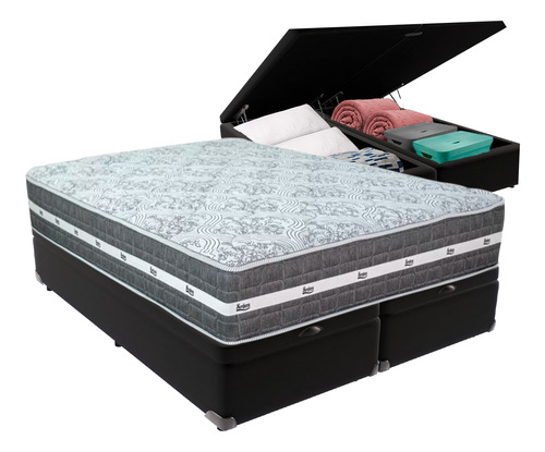 Cama Box Com Baú Preto E Colchão King Black Grafit Anjos