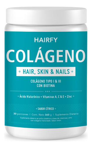 Colágeno Hairfy Hair, Skin & Nails  Con Biotina, Ácido Hialurónico Y Zinc En Pote De 360 Gr Sabor Cítrico