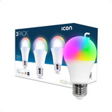 3 Pack Foco Icon Inteligente Led Wifi Atenuable 9w Rgb + W