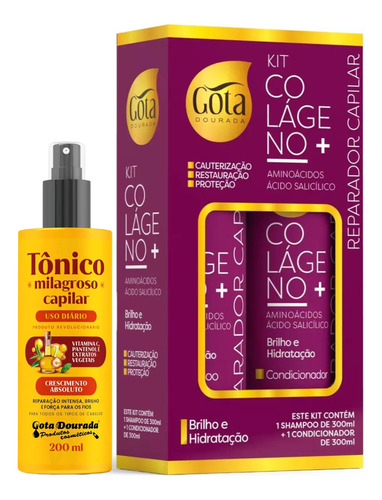 Kit Milagroso Tônico Shamp. Condic. Colágeno+ Gota Dourada