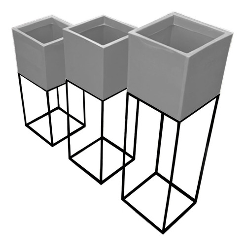 Kit 3 Vasos Planta Grid Quadrado 50x60x70