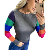 Blusa Feminina Tricô Tricot Colorida Moda Instagram 2018