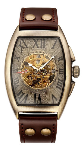 Relógio Luxo Masculino Shenhua Couro Marrom Corda Automático