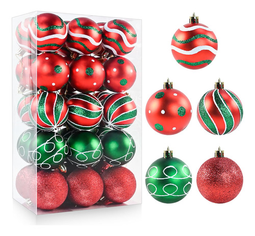 30 Bolas De Navidad, Bolas De Navidad Rojas, Verdes Y Blanca