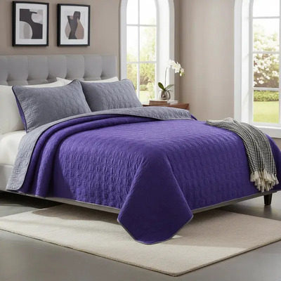 Edredón Ligero Matrimonial Morado Dos Vistas Con Fundas Color Violeta Diseño Capitonado Liso