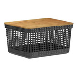 Cesta Grid Con Tapa De Bambú 8 L Negro