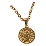 Medalla San Benito 15mm Con Cadena Acero Dorado Y Caja 