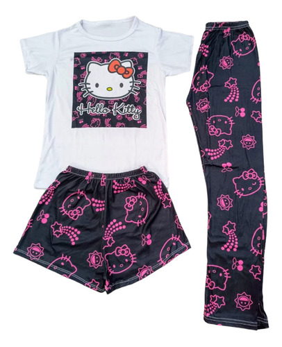 Pijama Hello Kitty Blck 3 Pz Blusa M Corta Short Pantalón El