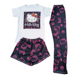 Pijama Hello Kitty Blck 3 Pz Blusa M Corta Short Pantalón El