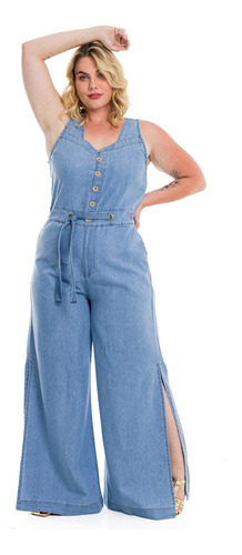 Macacão Jeans Pantalona Plus Size Tecido Premium 36 Ao 50