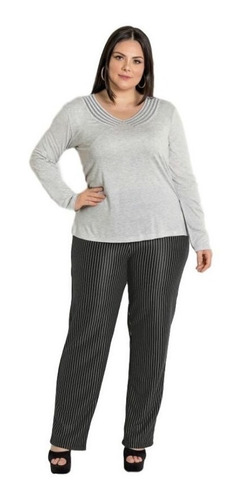 Calça Social Trabalho Risca De Giz Plus Size Gordinha 