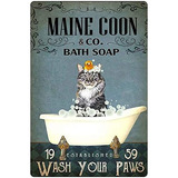 Cartel De Metal Divertido De Gatos, Maine Coon Co. Bañ...