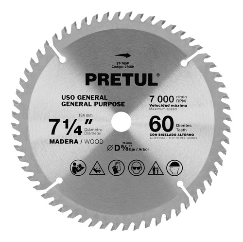 Sierra Circular P/madera 7-1/4'', 60 Dientes, Pretul 27059