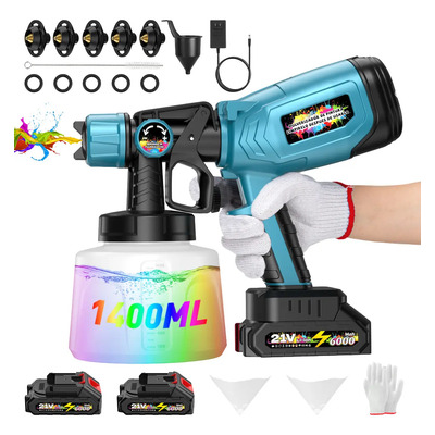 1400ml Pistola Para Pintar 1500w Inalámbrica Con 2 Baterías (2*6000mAH) MOXIMX Eléctrica Pulverizador De Pintura Con 3 Modos Y Control De Flujo Portatil Maquina Para Pintar Casas Profesional | Meses sin interés