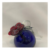 Bebedero Para Colibri Vidrio Soplado Pixie Azul + Flor Roja