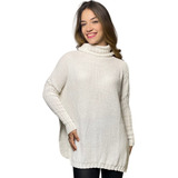 Poncho Feminino Tricô Gola Alta Cacharrel Manga Longa Punho