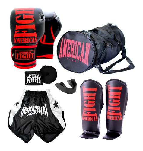 Kit  Muay Thai Luva Caneleira Bolsa Shorts Band Bucal Preto