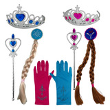 Kit Princesa Frozen 4 Acessórios Trança Luva Coroa Varinha Cor Rosa