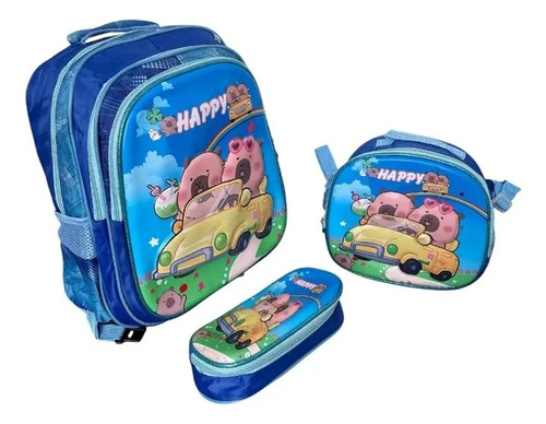 Mochila Escolarcapibara Stitch Gokú 3 Pz Lonchera Lapicera
