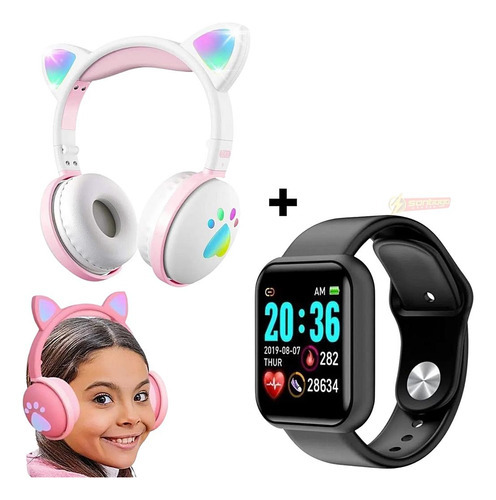 Smartwatch Feminino D20 Ultra + Fone Gatinho P/ Meninas Rosa Cor Da Pulseira Fone Branco Relógio Preto