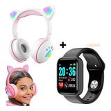 Smartwatch Feminino D20 Ultra + Fone Gatinho P/ Meninas Rosa Cor Da Pulseira Fone Branco Relógio Preto