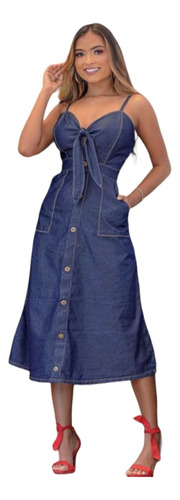 Vestido Midi Jeans Rodado Godê Alcinha Longuete Luxo Lindo 