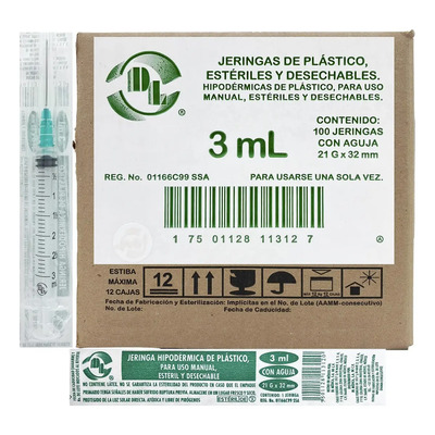 Jeringas De Plástico Dl 3 Ml Con Aguja 21g X 32mm 100piezas | Envío gratis