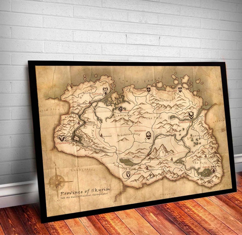 Quadro Poste Mapa Elder Scrolls Skyrim Moldura Vidro 60x43cm