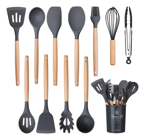 Conjunto Utensílios Cozinha Silicone 12 Peças Cabo Madeira