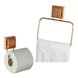 Kit Porta Papel Higiênico Toalha Argola Ventosa Rose Gold