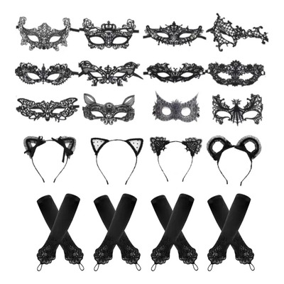 Set de Antifaces de Encaje y Diademas Orejas Gato 20 Piezas Halloween | MercadoLibre