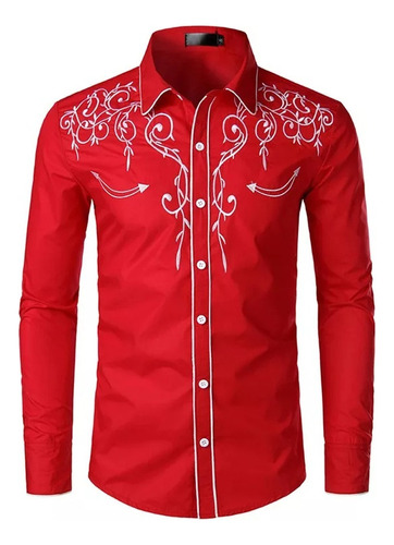 Western Vaquero Camisa Hombres Marca Diseño Bordado Slim Fit