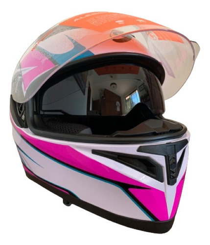 Casco Alessia Shell Base Blanca Con Azul Y Rosa Cerrado