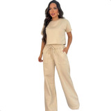 Conjunto Calça E Blusa Manga Curta Pantalona Wide Leg Frio