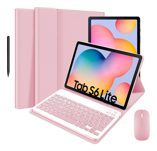 Case + Mouse + Teclado Br + Para  Galaxy Tab S6 Lite - Rosa