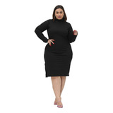 Vestido Midi Manga Longa P Ao Plus Size Gola Alta Fenda  