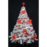Árbol De Navidad Premium 1,80m. Bco Plata+kit Rojo 60 Unid. Color Blanco