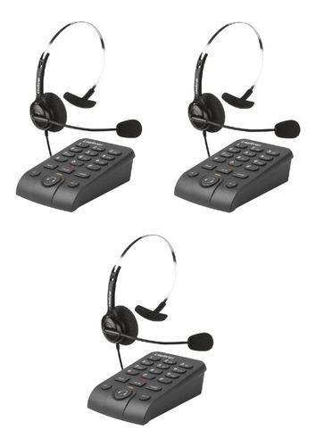 Kit 3 Hsb 40 Telefone Headset C/ Base Discadora Intelbras