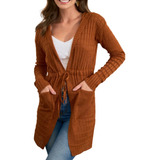 Cardigan Feminino Parka Trico Capuz E Bolso Casaco Tricot 