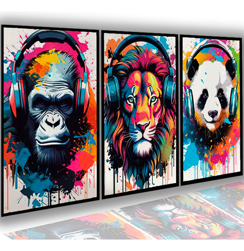 Kit 3 Quadros Decorativos Animais Leão Panda Graffiti Sala