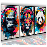 Kit 3 Quadros Decorativos Animais Leão Panda Graffiti Sala