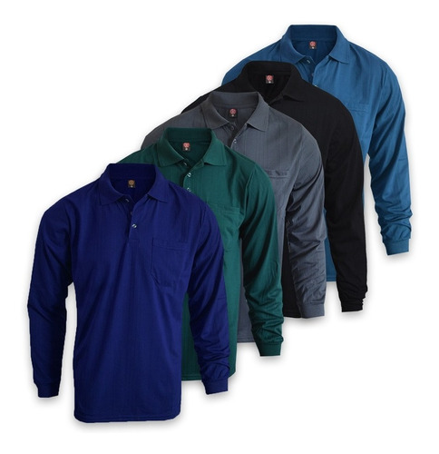 Kit 5 Camisas Polo Manga Comprida Com Bolso Poliviscose